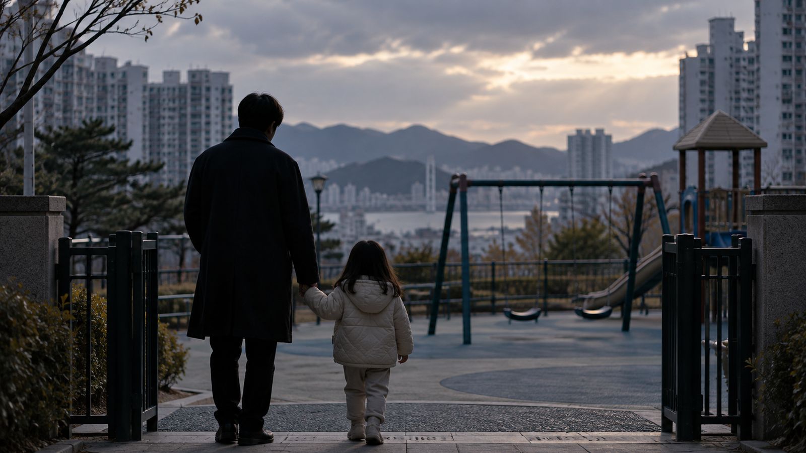 놀이터 그네 앞에서 아이 손을 잡은 부모의 실루엣