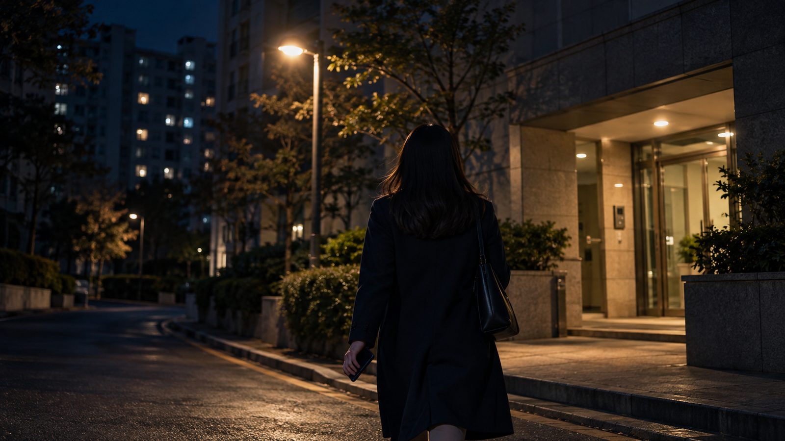 밤길 가로등 아래 휴대전화를 쥔 손과 집으로 향하는 뒷모습